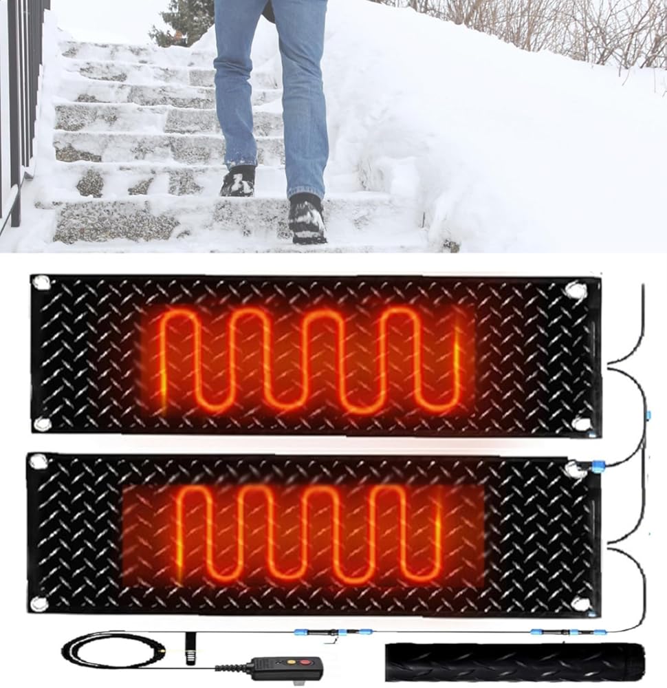 Heated Snow Melting Mats 1/2/3/4/5 pcs Outdoor Slip Proof Ice Heated Rubber Mat Non-Slip Electric Heated Foot Mats Rubber Heated Mats for Narrow Walkways Garages US(2 Pcs-12x48in/(30x120cm))
