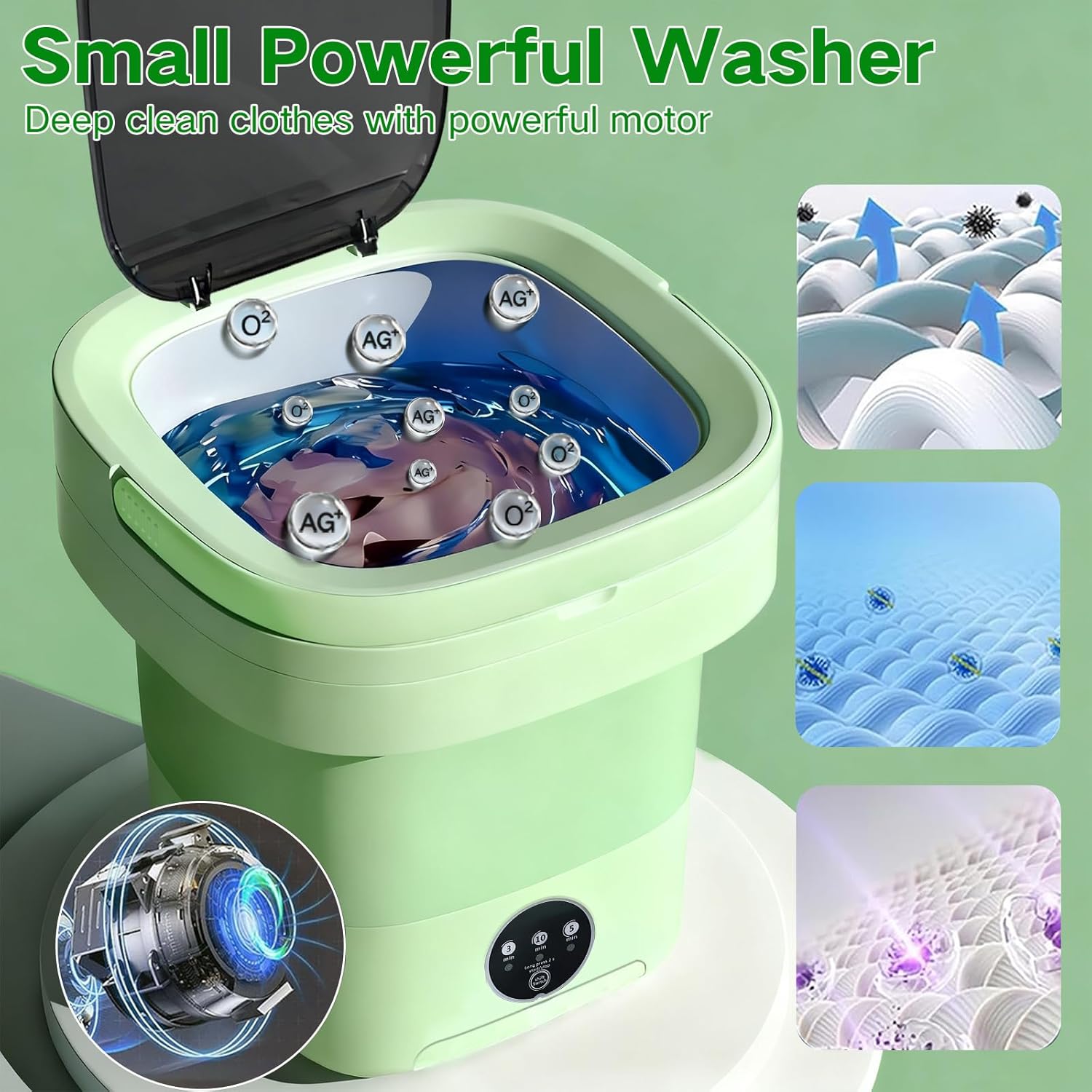 Portable Washing Machine, 15L Mini Collapsible Washer with 3 Cleaning Modes for Baby Clothes, Underwear, Small Foldable Laundry for Travel Apartment Home Dorm Hotel Camping (Green)