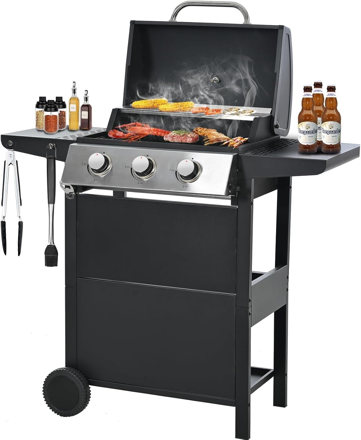 3-Burner Propane Gas Grill, 30,000 BTU Stainless Steel Outdoor BBQ Grill with Lid, Side Shelves & Wheels for Patio, Garden and Backyard Cooking