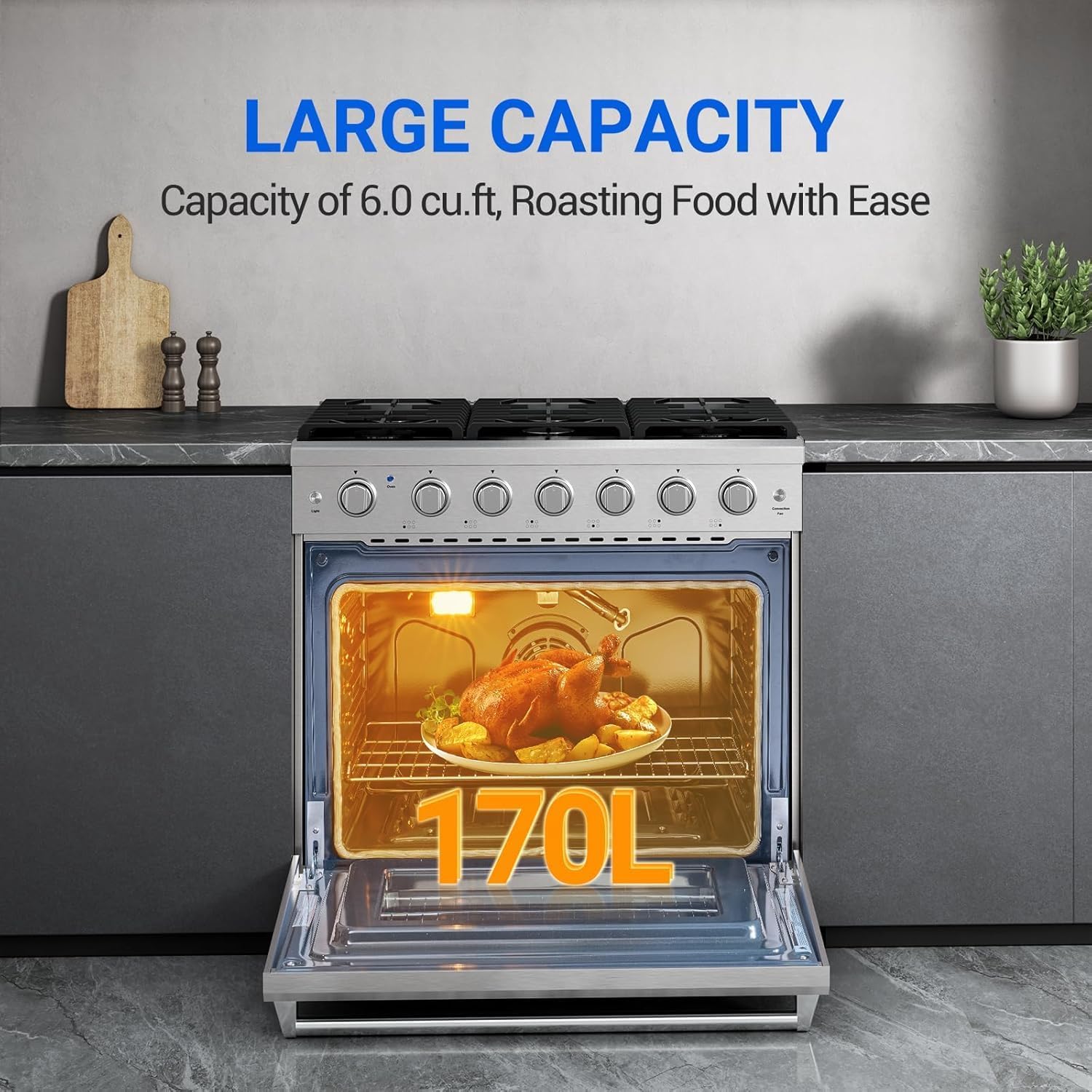 AAOBOSI Upgrade 36 Inch Front Control Gas Range Oven with 6 Cooktop Burners, 6 Cu. Ft 18000 BTU Convection and Self Clean, Freestanding Heavy Duty Gas Range Stove with Halogen Light,Large Capacity