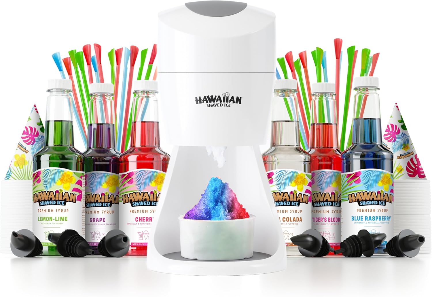 Hawaiian Shaved Ice S900A Made in USA Professional Fluffy Ice & Snow Cone Machine for Home Use - Complete Party Kit with Flavor Syrups