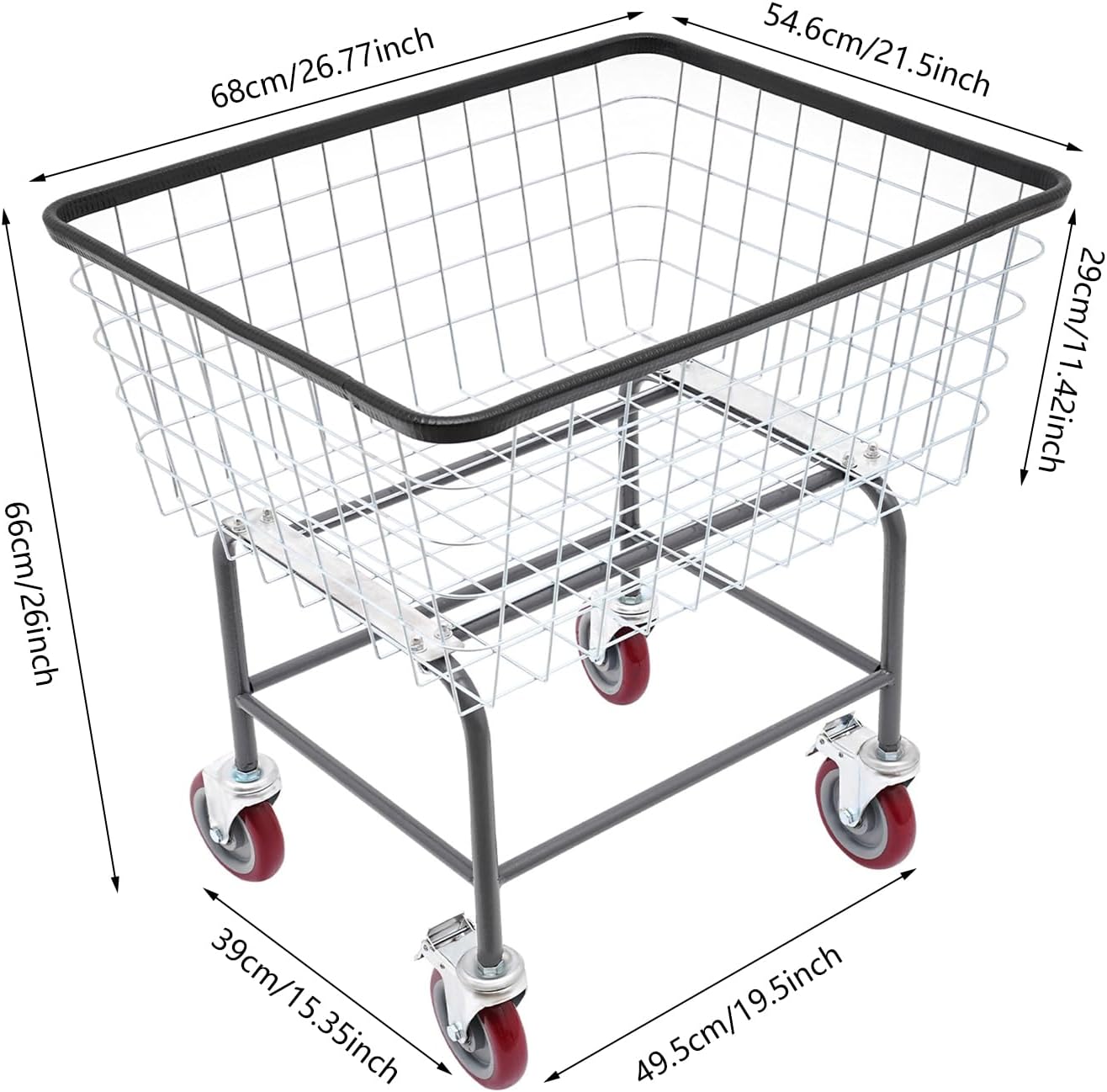 Heavy Duty Steel Wire Laundry Cart with Wheels, Rolling Laundry Basket Galvanized Frame & 4 Casters, Industrial Bumper for Homes, Hotels, Bathrooms, and Commercial Laundries