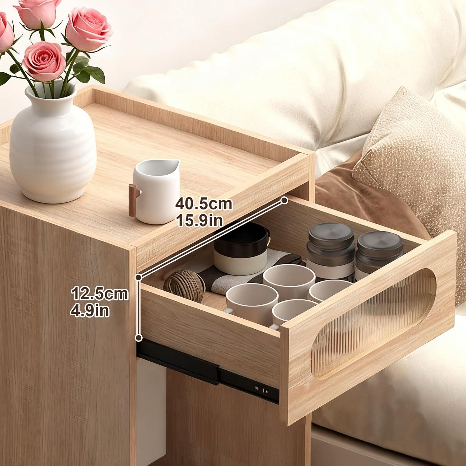 Robot Vacuum Stand Cabinet with Clear Drawer Space-Saving Modern Robot Vacuum Storage Rack Side Table Storage Cabinet Compatible for Bedroom Living Room Home Kitchen Office(Natural)