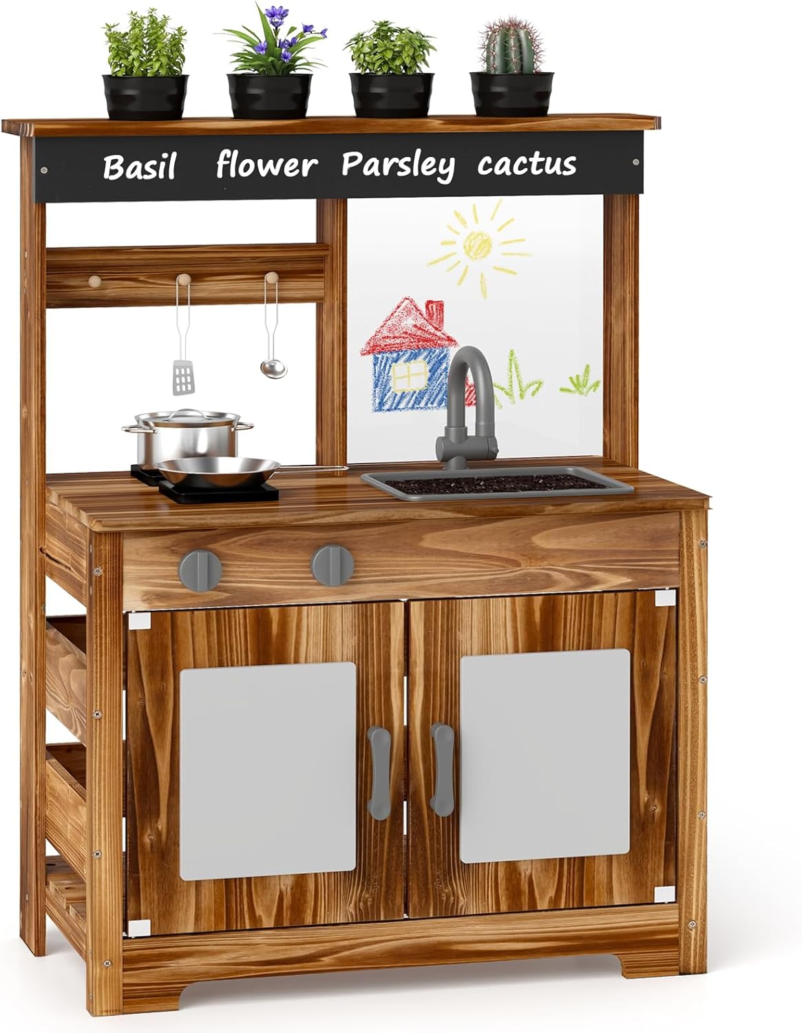 KOTEK Mud Kitchen with Acrylic Board, Fir Wood Outdoor Play Kitchen with Stoves, Faucet & Sink, Blackboard, Cooking Accessories, Kids Mud Kitchen for Backyard Garden