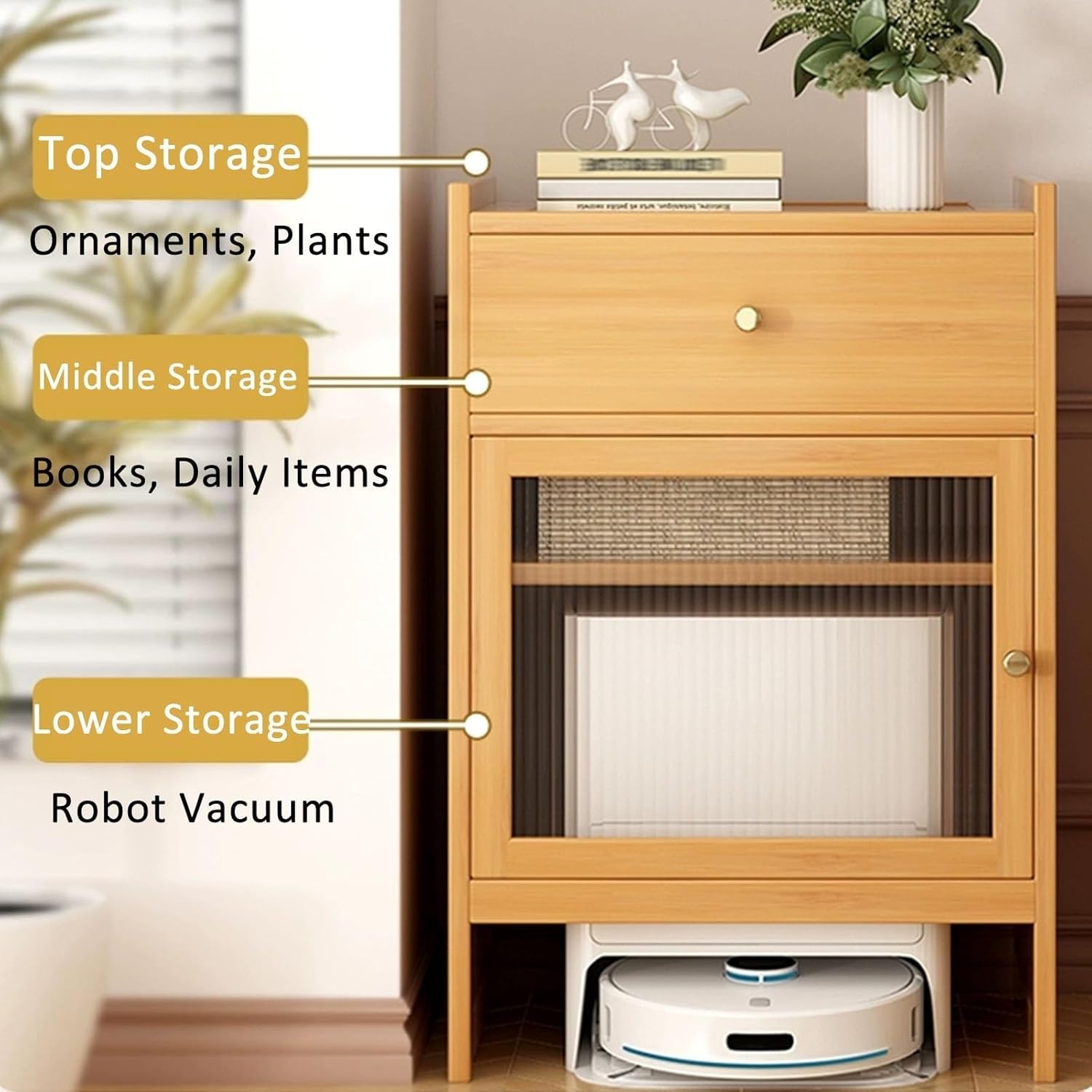 Vacuum Cabinet Storage, Robot Cleaner Storage Rack Furniture to Hide Robot Vacuum for Living Room, Bedroom, Side Table, Easy to Clean(Natural)