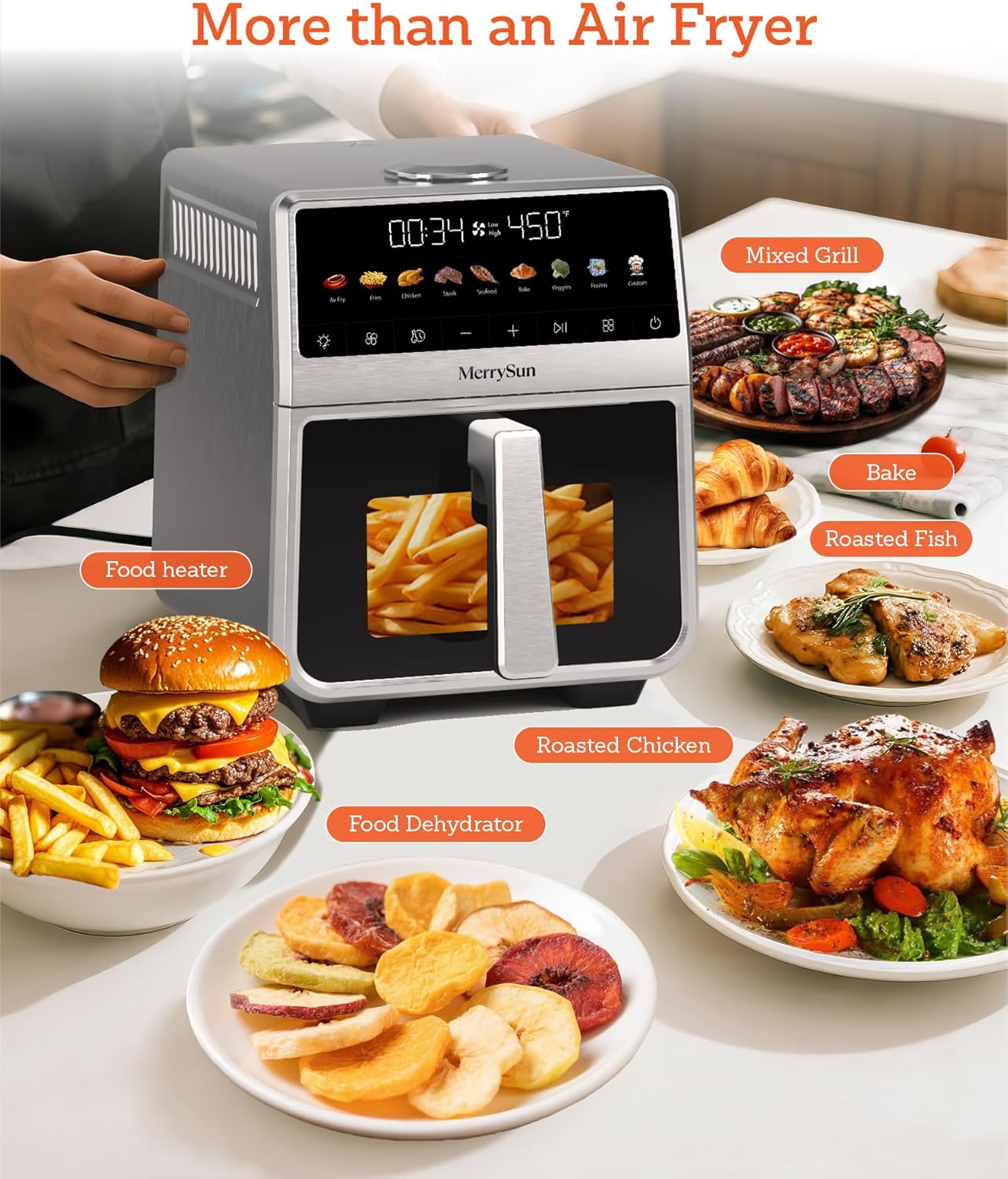 6 Qt Stainless Steel Air Fryer, Stainless Steel Housing& Full Metal Inner Pot, PTFE and PFAS Free, 9 Digital One-Touch Cook Functions,120°F~450°F, 1700W