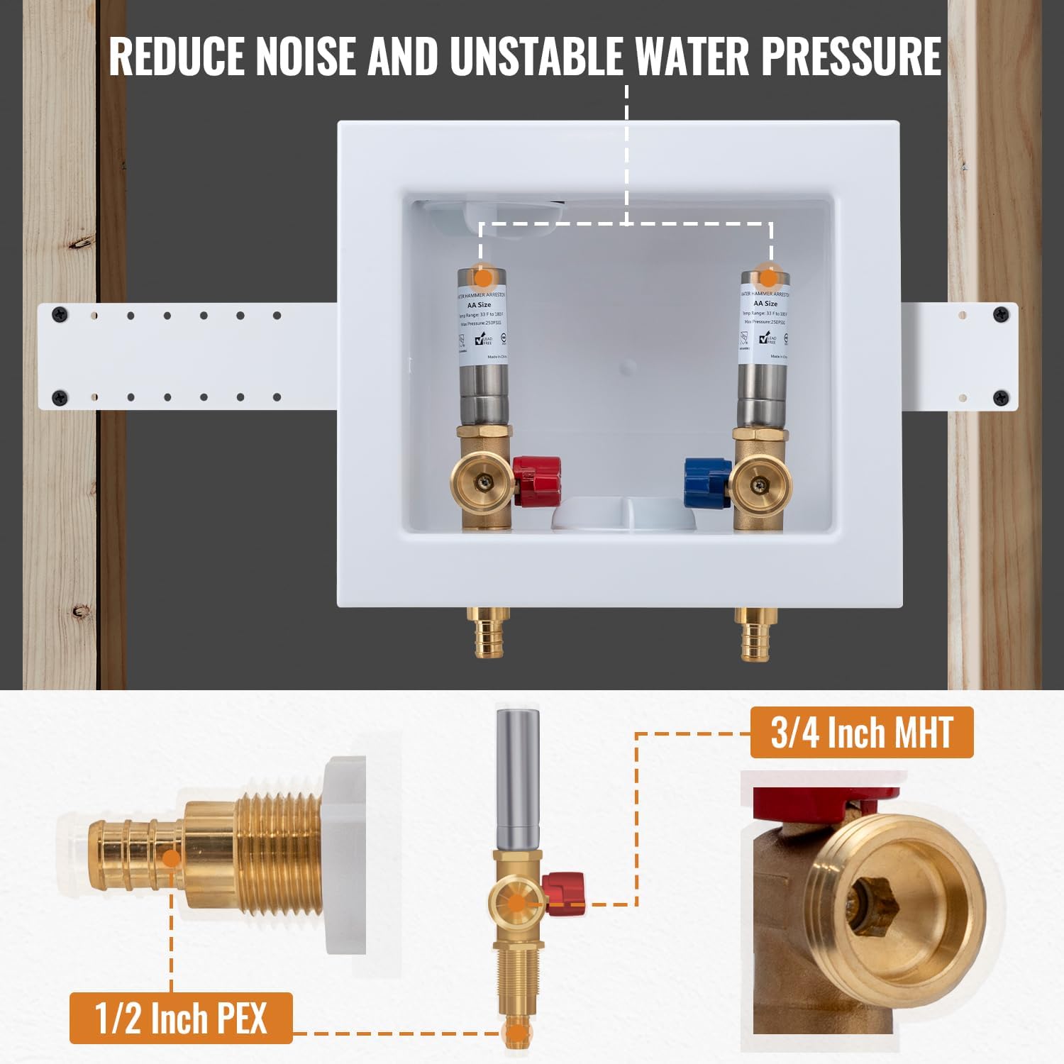 SUNGATOR Washing Machine Laundry Outlet Box, Washer Water Valve Wall Box with Center Drain, 1/2 Inch Pex Crimp Inlet x 3/4 Inch MHT Outlet, with Stainless Steel Water Hammer Arrestor and 4 Crimp Rings
