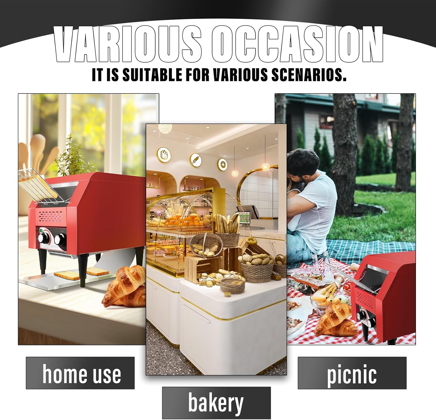 Commercial Conveyor Toaster 150 Slices/Hour Red Conveyor Toaster 3 Modes/7 Speeds Stainless Steel Tabletop Toaster for Toast, Bagels and Other Baked Breads