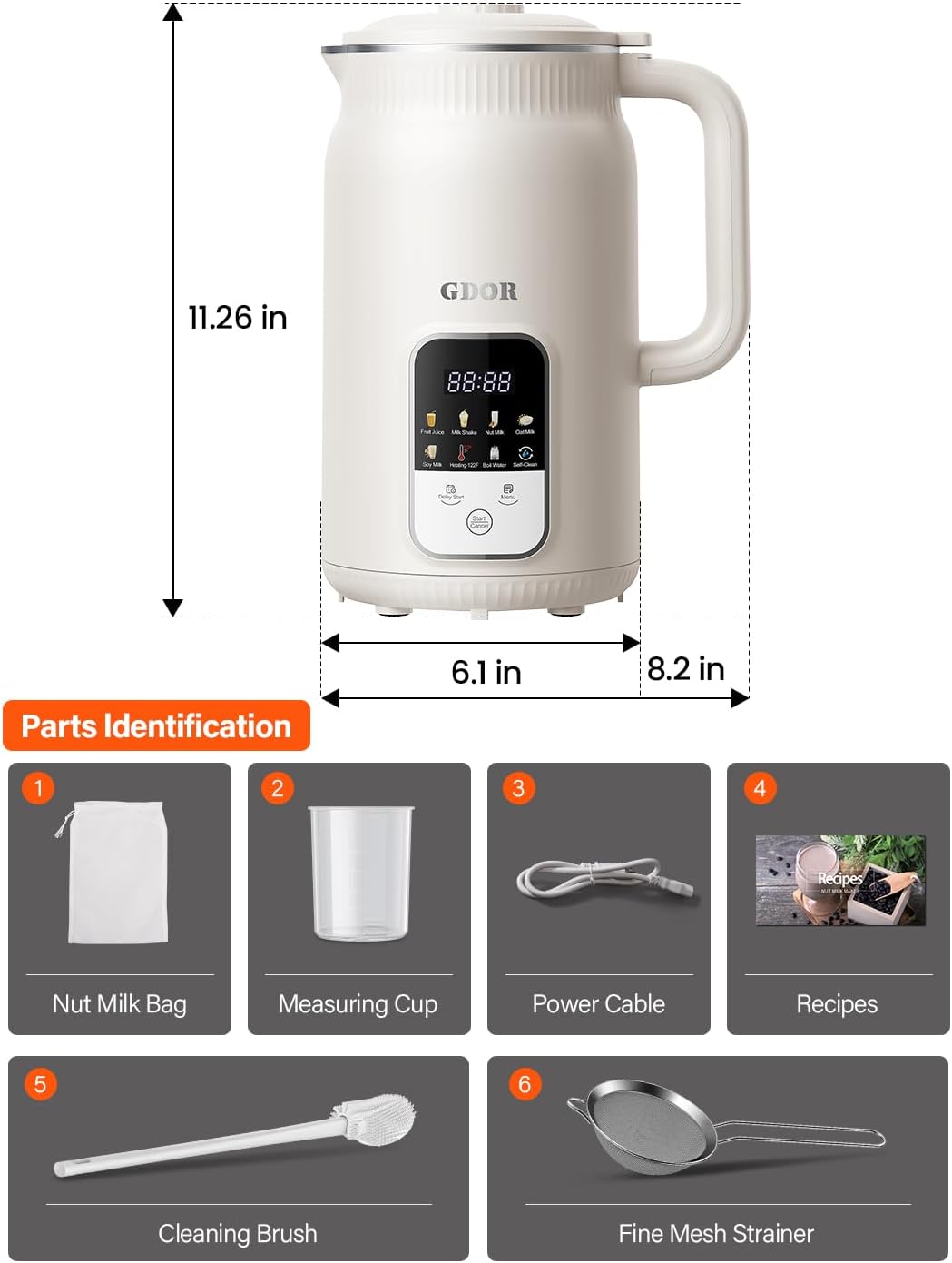 GDOR 35oz Nut Milk Maker, 9-in-1 Plant Milk Machine for Homemade Almond/Oat/Soy, Juice & Smoothie, Blender with 12 Stainless Steel Blades, Keep Warm, 12H Delay, Boil Water and Self-Cleaning