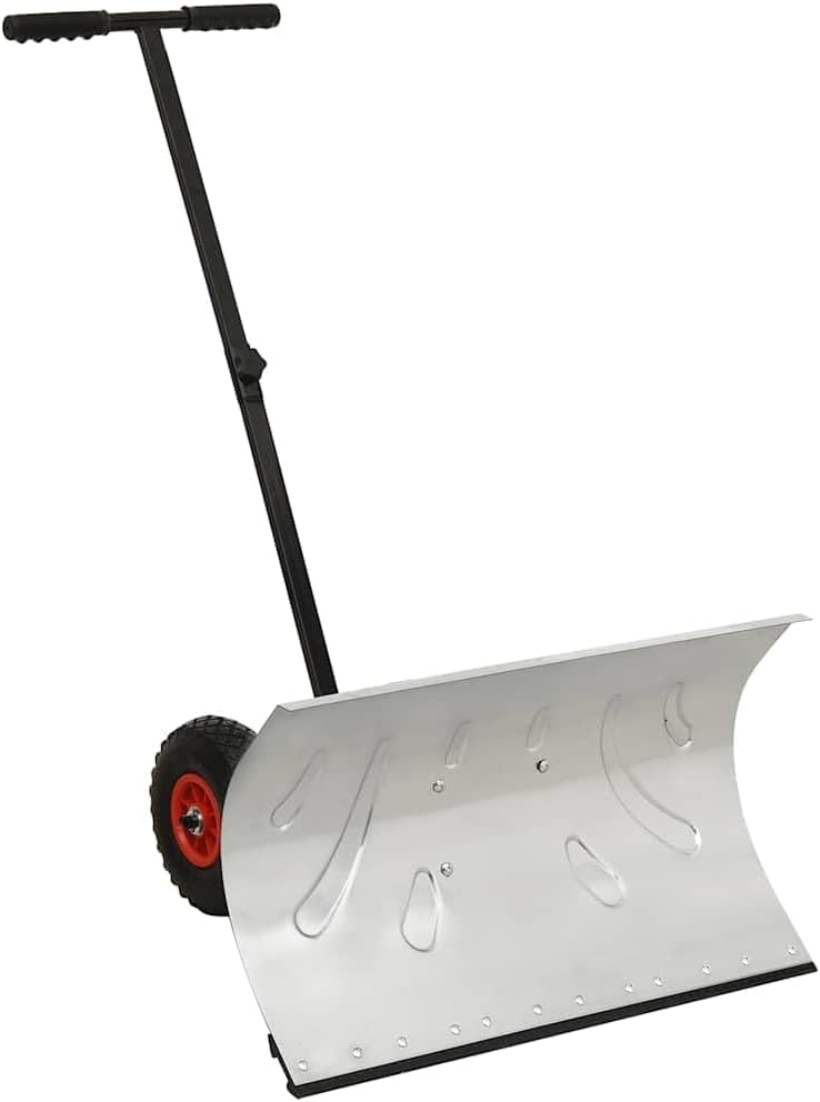 Adjustable Snow Shovel, Silver Galvanized Metal, Wheeled Snow Pusher for Driveway, Heavy-Duty Outdoor Snow Removal Winter Tool, Compact 29.1-inch Wide