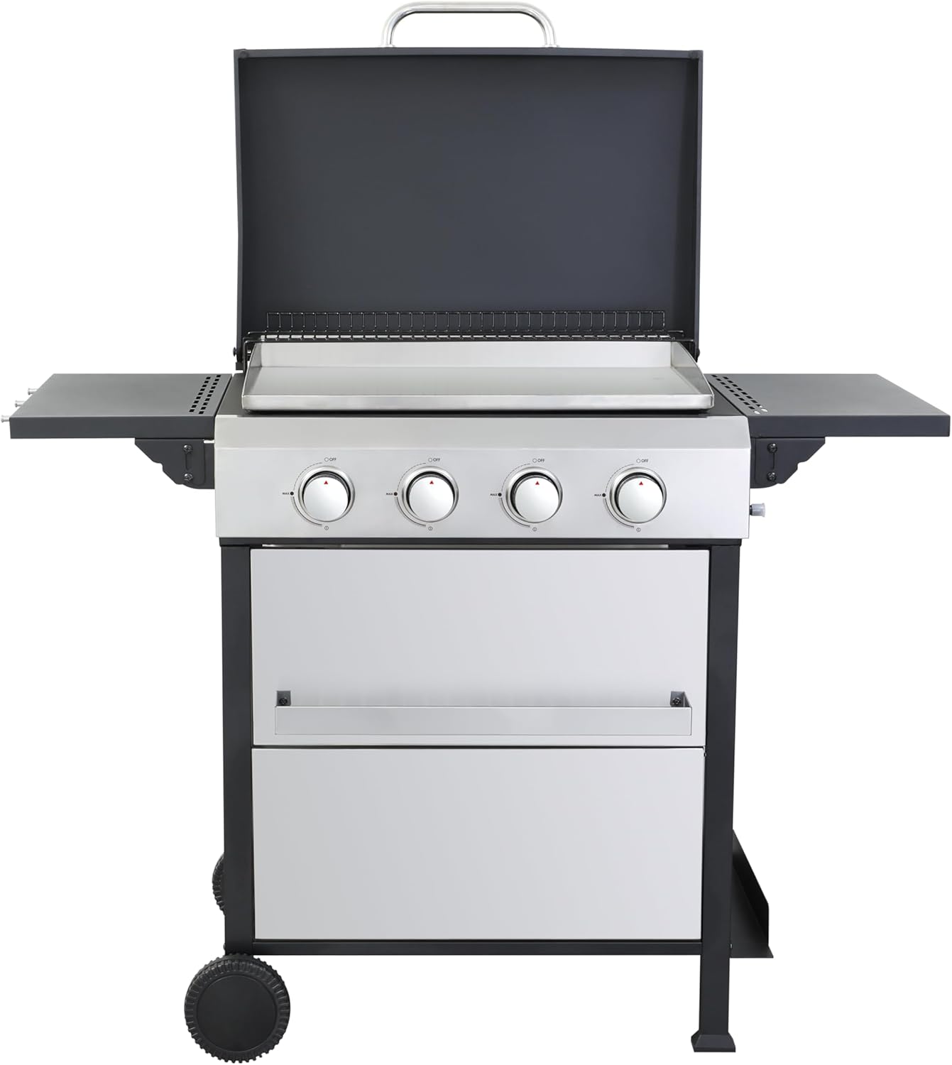 4-Burner Propane Gas BBQ Grill with SS Plancha - 49200 BTU Power, Foldable Side Table & Hanging Basket | Outdoor Grilling Made Easy