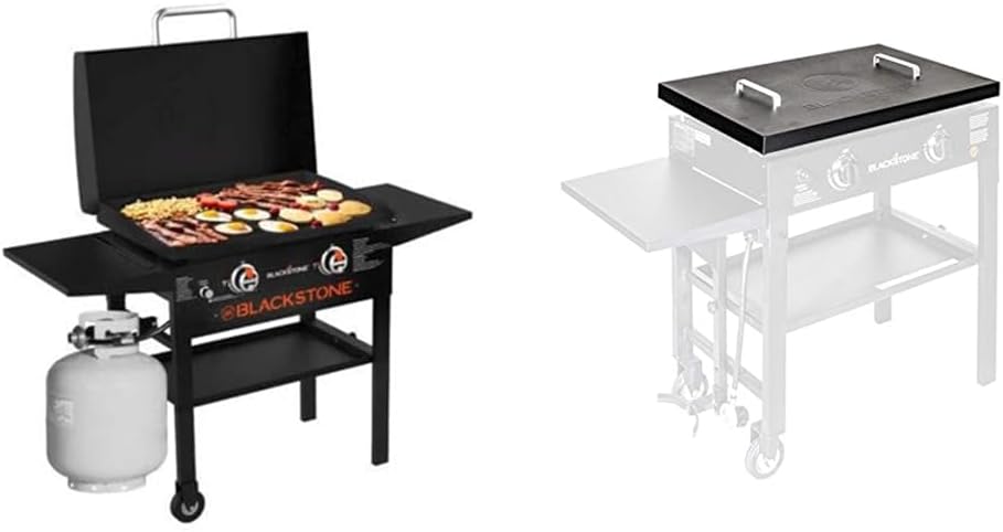 Blackstone 1883 Gas Hood & Side Shelves Heavy Duty Flat Top Griddle Grill Station & 5003 28”Outdoor Griddle Hard Top Lid Cover with Handle- Powder Coated Steel Lightweight Durable