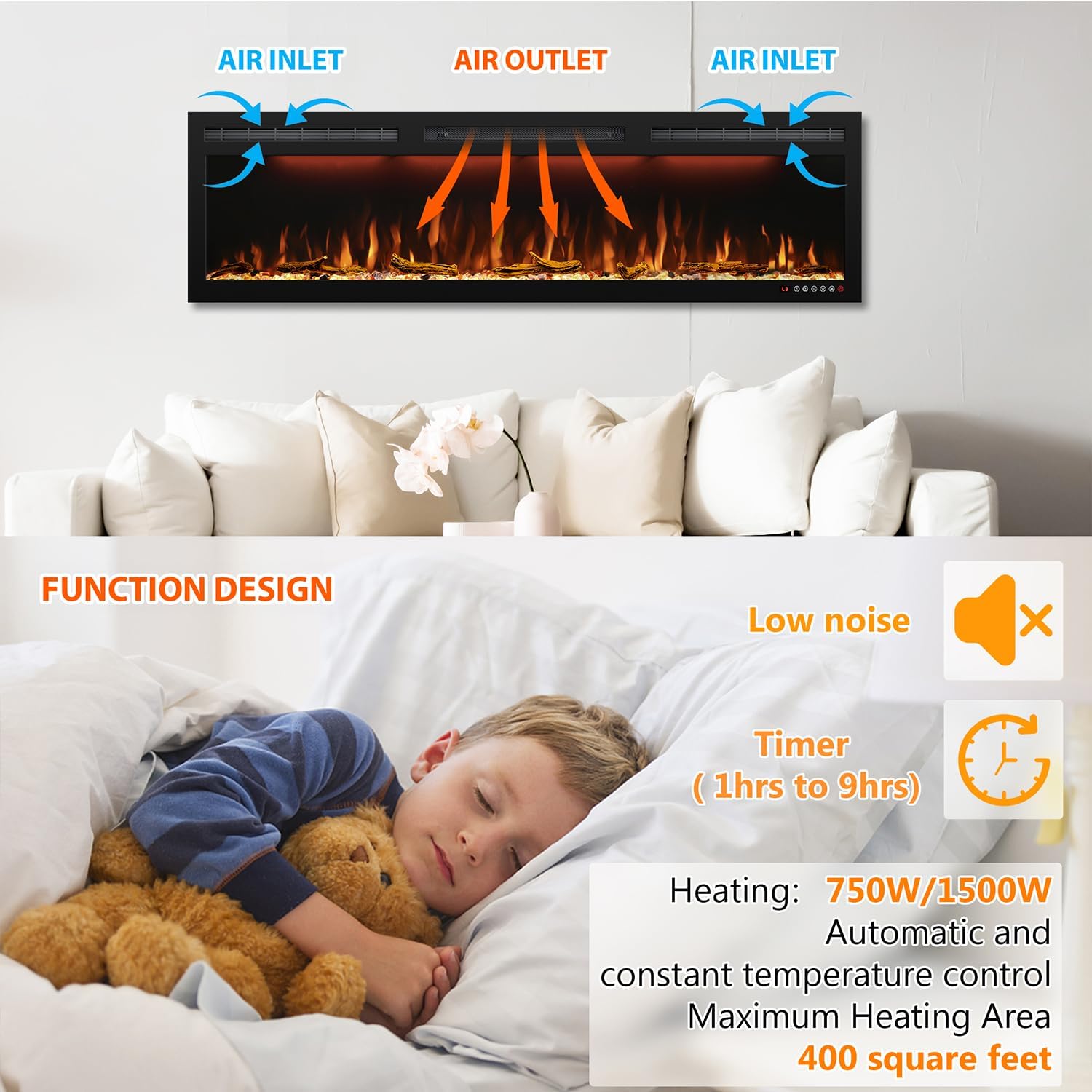 72 inch Electric Fireplace - Ultra Slim Frame - in Wall Recessed & Wall Mounted - Multicolor Flame - Log & Crystal Hearth - 1500/750 Watt Heater - Remote Control & Touch Screen- Timer