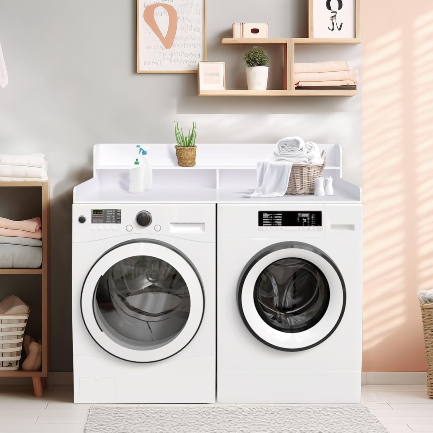 2-Tier Washer and Dryer Countertop Shelf, White Laundry Topper with Non-Slip Pads, Laundry Room Storage & Organization for Small Apartment Kitchen
