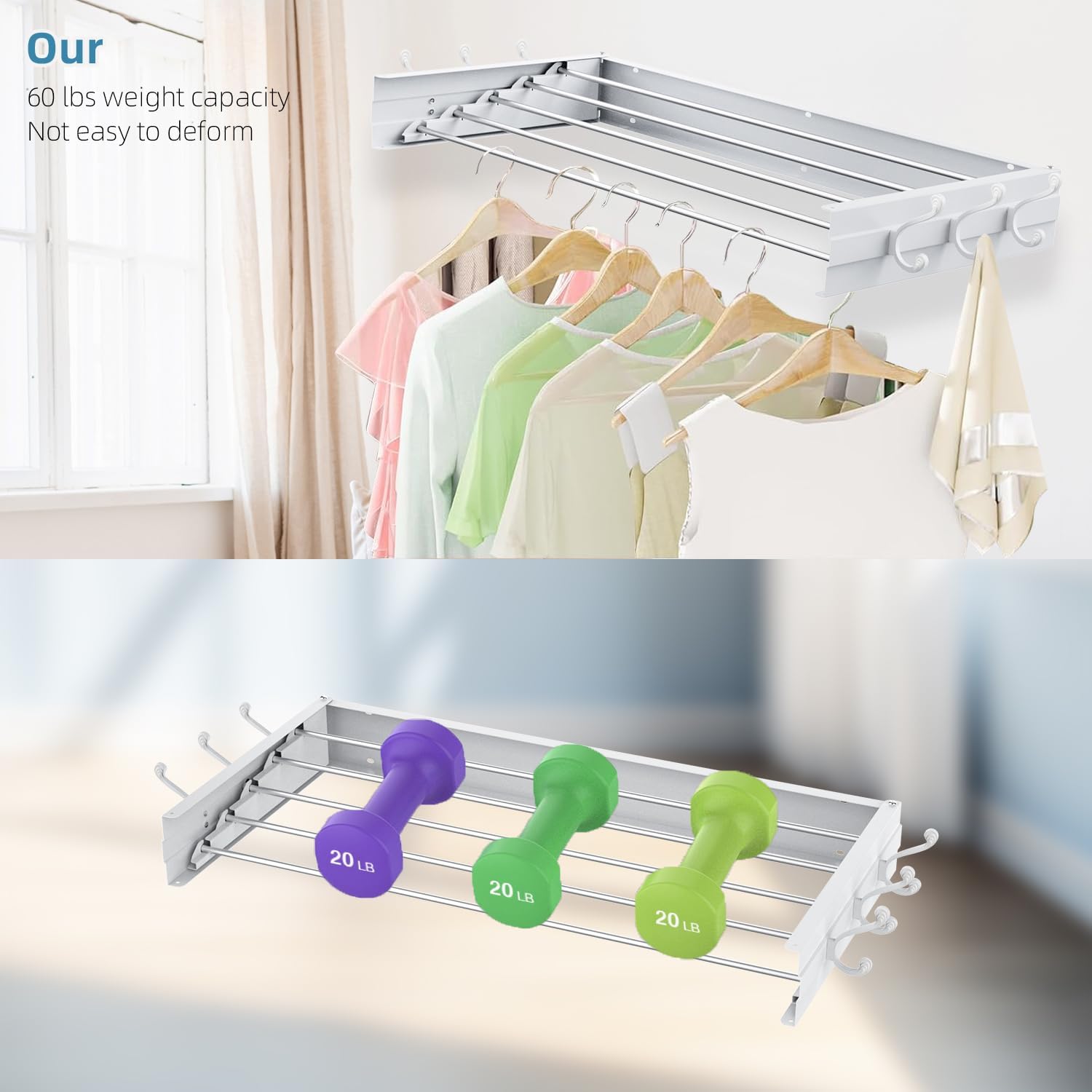 Laundry Drying Rack, Collapsible Wall Mounted Clothes Drying Rack - Foldable,Space Saving, 13.2 Linear Ft, 4 Aluminum Rods, 60 lb Capacity (White, 23.6