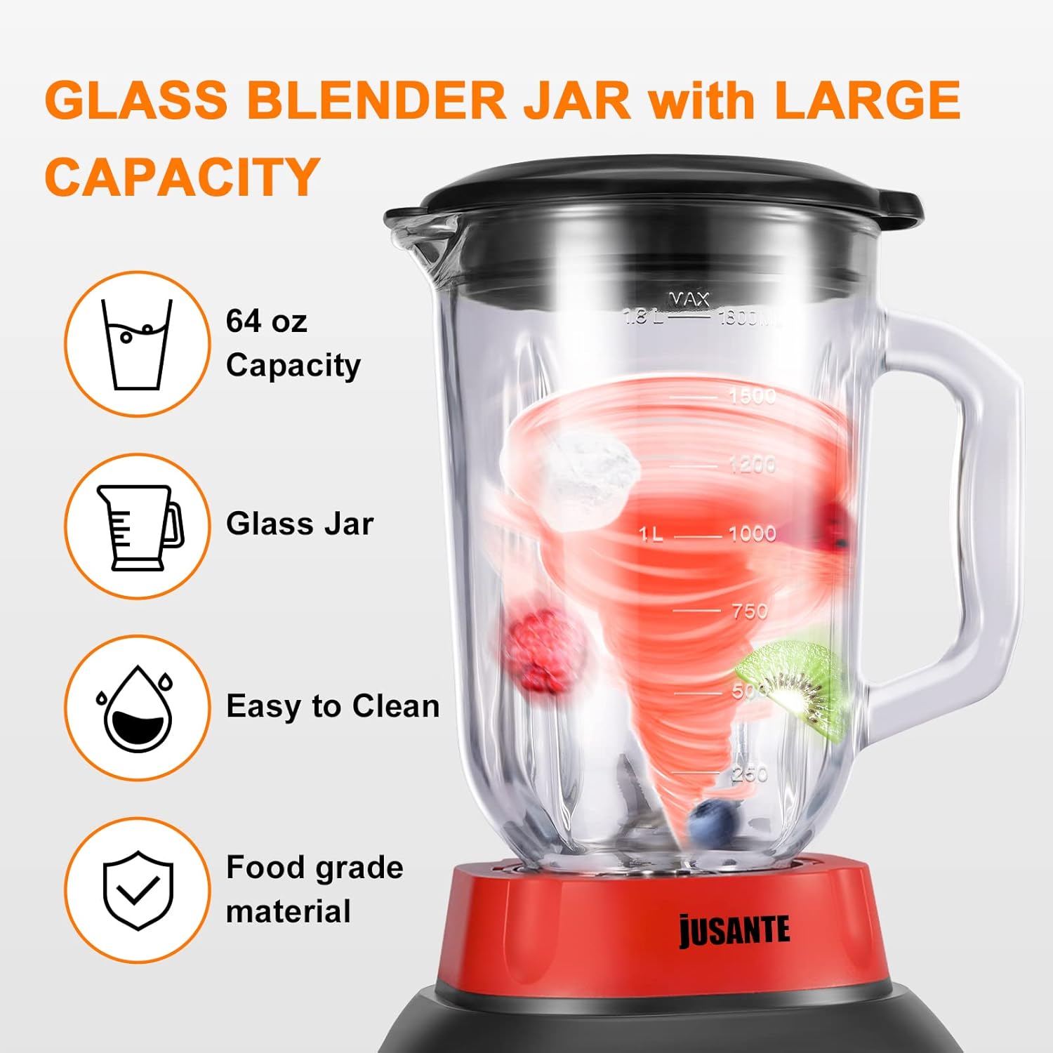 Blender, Countertop Blender for Smoothies with 64 oz Glass Jar Kitchen, 1200 Watts High Speed Juicer Blender Ice Crusher for Shakes Frozen Drinks (Red)