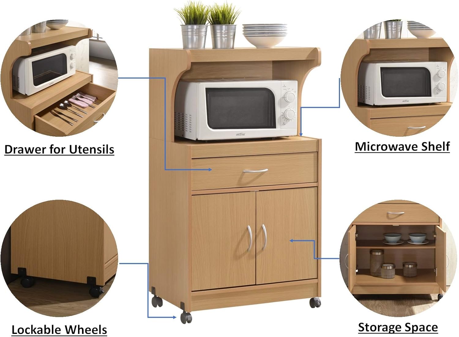 HODEDAH IMPORT Microwave Kitchen Cart, Beech.