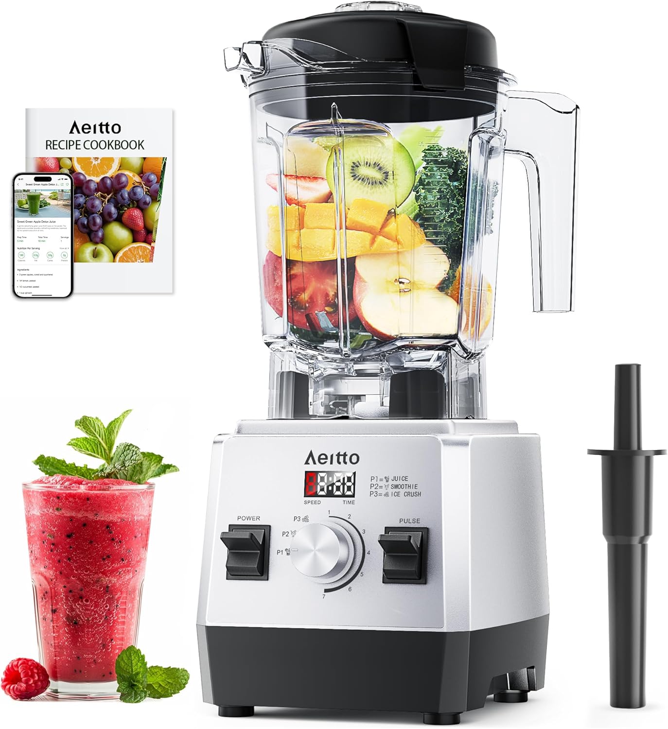 Aeitto Blenders for Kitchen with 68Oz. Jar, 1800W Max Power Smoothie Blender, 3 Preset Programs & 7 Speeds, Professional Countertop Blender for Smoothies, Ice Crush, Frozen Drinks, Silver
