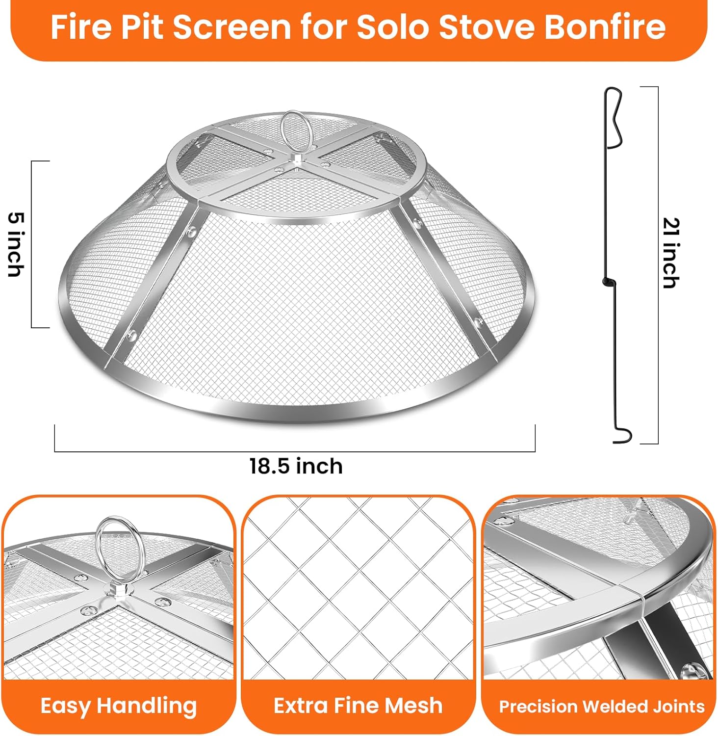 Fire Pit Spark Screen for Solo Stove Bonfire Accessories, 19.5 Inch Spark Shield for Solo Bonfire, Heavy-Duty 304 Stainless Steel Mesh Fire Pit Screen Cover with Removal Tools
