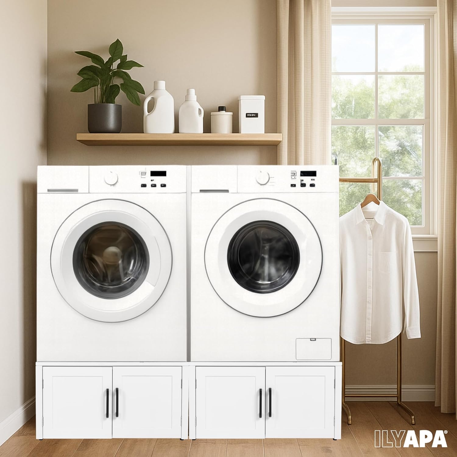 Ilyapa Washer and Dryer Stand - Universal Wooden Laundry Pedestal with Drawer - Compatible with Samsung, LG, GE, Maytag - 28x28x14 in. Patent Pending