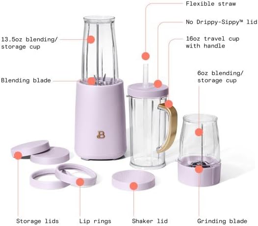 Personal Blender Set With 12 Pieces, 240 W, Lavender By Drew Barrymore, Jars And Lids Are BPA-Free And Dishwasher Safe