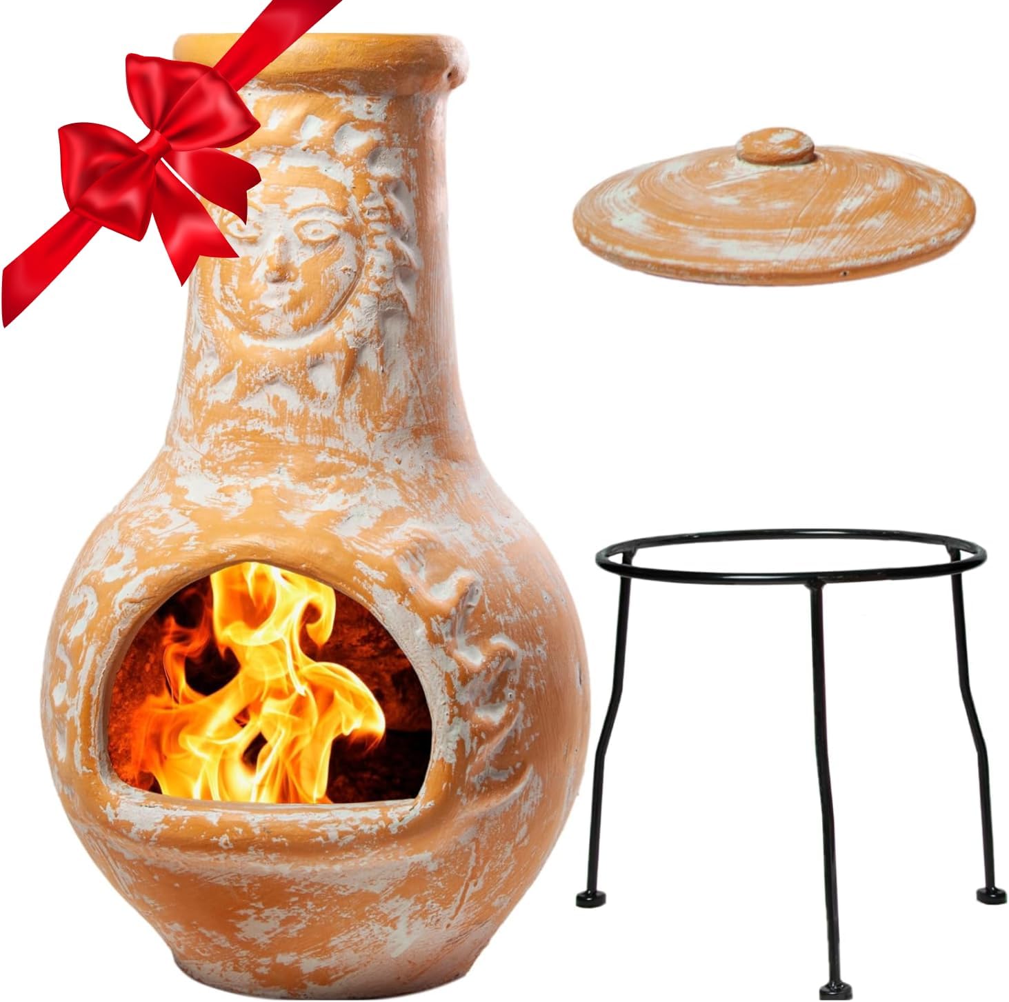 Wiosi Medium 𝗖𝗵𝗶𝗺𝗶𝗻𝗲𝗮 Outdoor Fireplace for Patio Clay Chimineas with Chimney Rain Lids and Solid Metal Stands - Yellow Terracotta Chimenea - Rustic Wooden Fire Pit Chimnea 16 x 16 x 32-inch