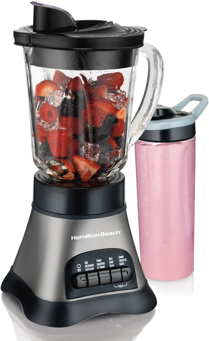 Hamilton Beach Blender with 40 oz Jar & 20 oz Single Serve Travel Jar, For Shakes & Smoothies, Bullet Blender, Gray (58161)