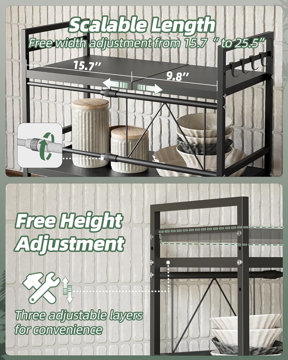 NETEL 2 Pcs Expandable Microwave Stand,3 Tier Metal Kitchen Countertop Organizer Shelves with 8 Hooks,Bakers Rack,Microwave Shelf,Microwave Oven Rack,110lbs Weight Capacity,Black