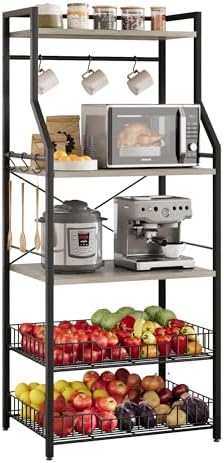 5-Tier Kitchen Bakers Rack, Compact Microwave Oven Stand with 2 Large Storage Baskets & 8 Hooks, Freestanding Coffee Bar Station, Sturdy Metal Frame Organizer for Kitchen Appliances, Black & Gray