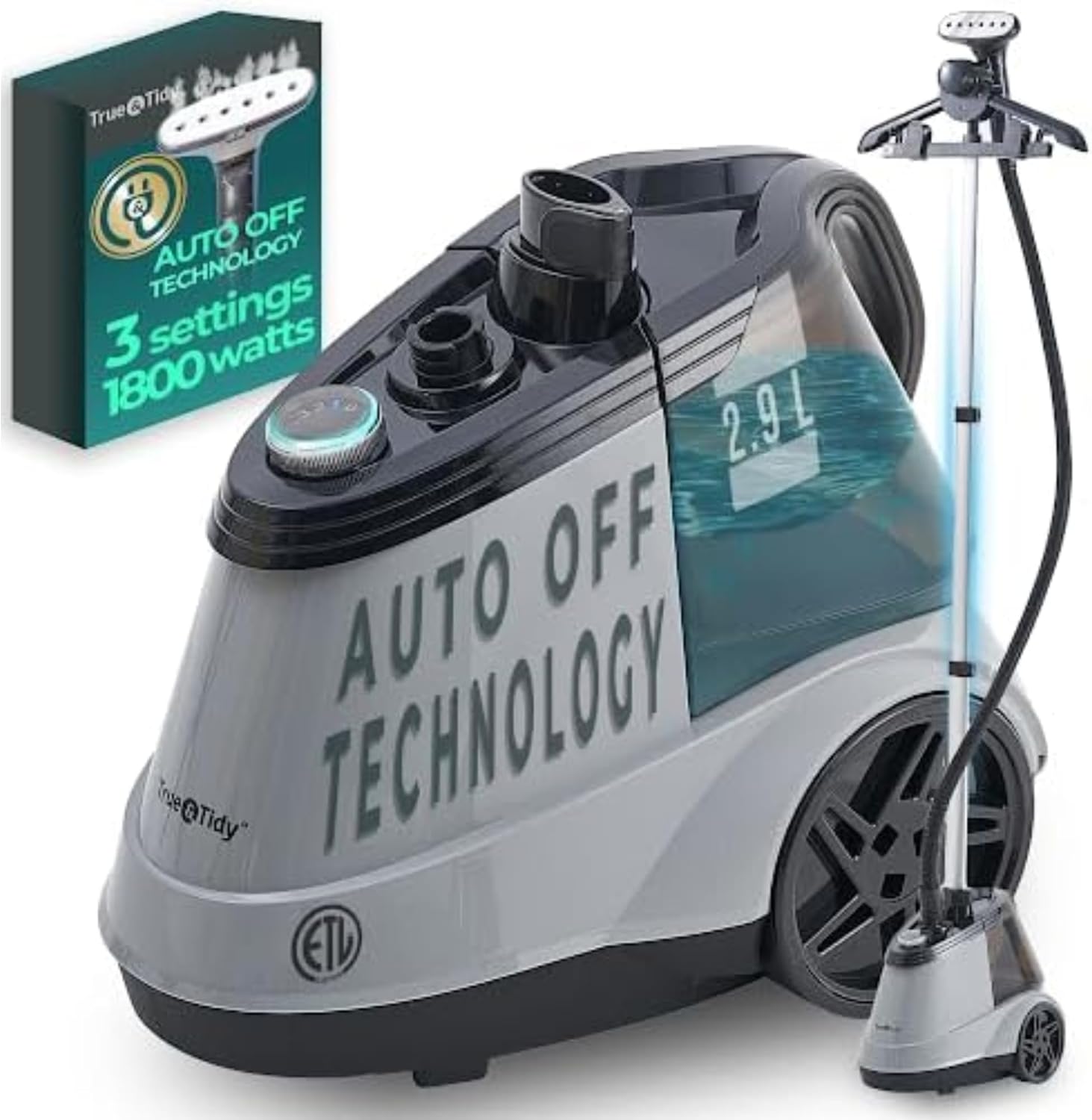 True & Tidy® Commercial Garment Steamer – Heavy Duty 1800W for Home & Commercial Use, 90+ Min Continuous Steam, Large 2.9L Tank, Wheels (X5A Gray Auto-Off, Smart Commercial Garment Steamer)