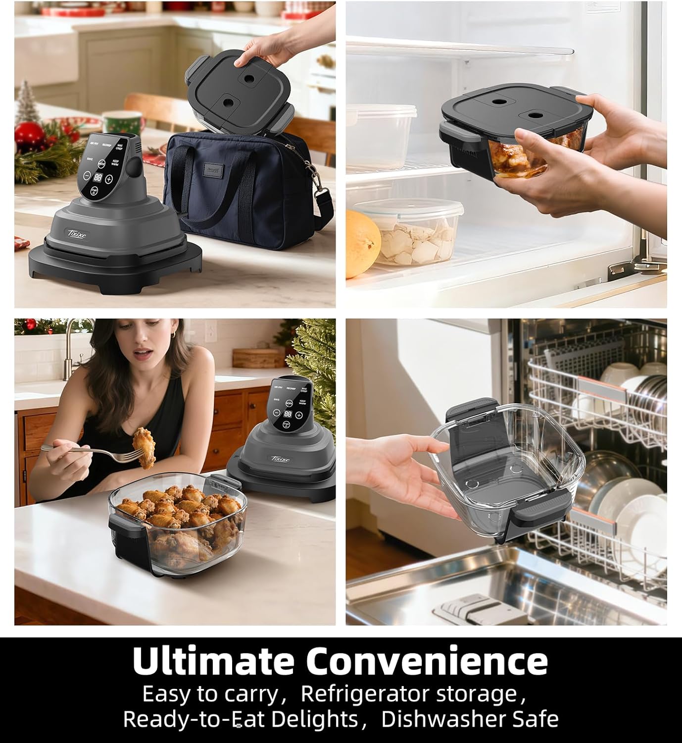 5-in-1 Portable Glass Air Fryer, 4QT & 6-Cup Glass Containers with Lids, Silicone Mat, 1500W Small Air Fryer, 90% Less Oil, Dishwasher/Freezer Safe for Single Servings, Family Meals