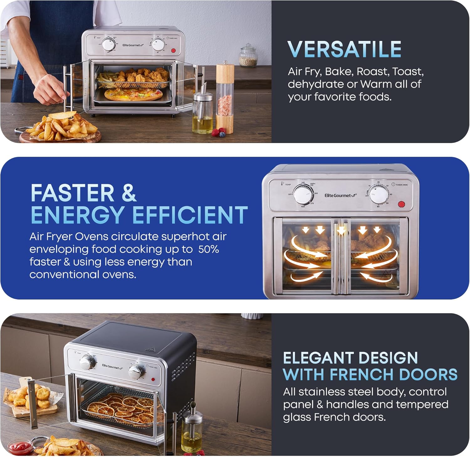 Elite Gourmet EAF1222SS Air Fryer Oven Double French Doors, Bake, Grill, Roast, Broil, Rotisserie, Toast, Warm, Air Fry, Dehydrate, 1500 Watts, with 25 Recipes, 12L. Capacity, Stainless Steel