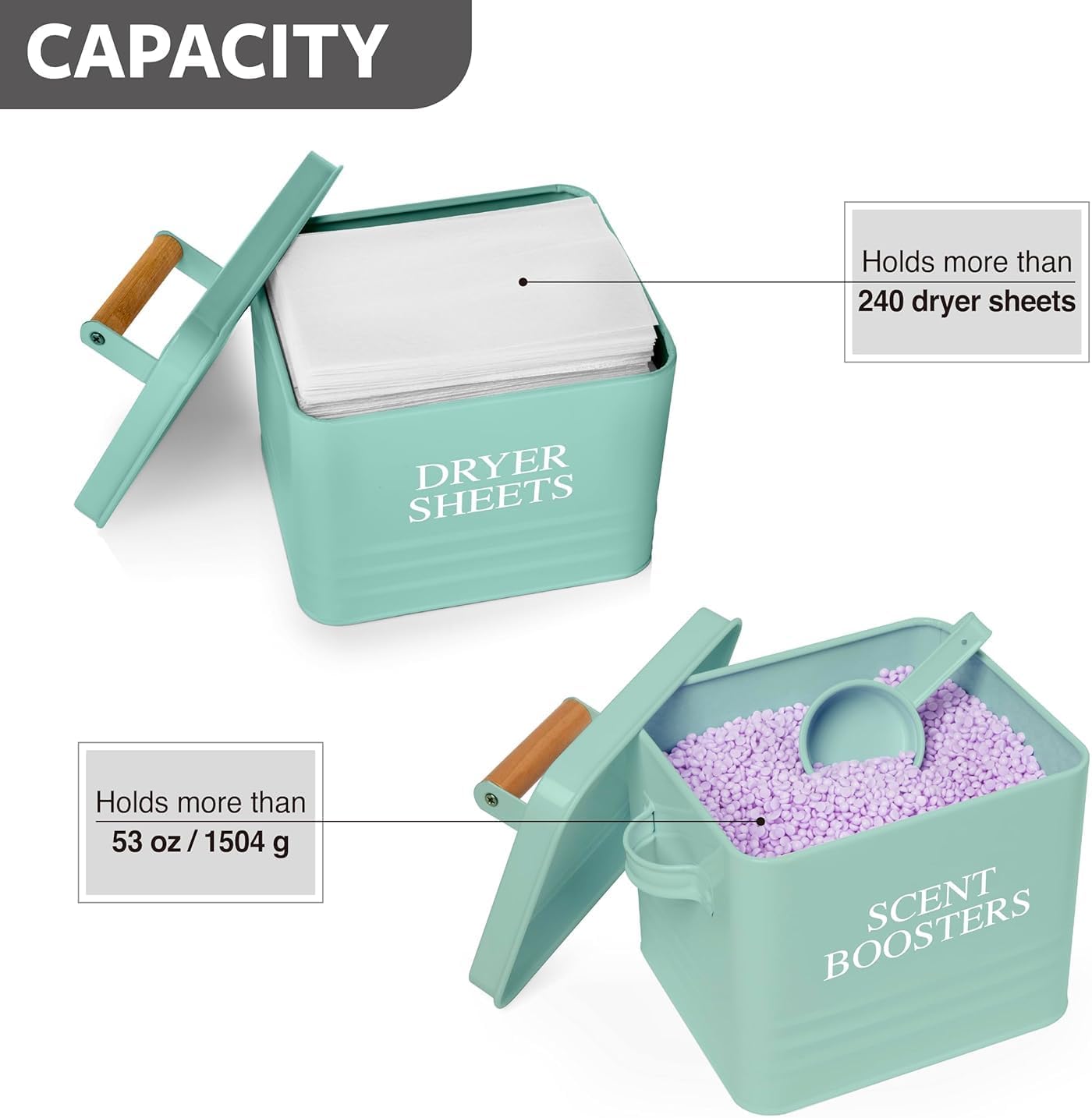 Calindiana Modern Farmhouse Lint Bin, Dryer Sheets Holder and Scent Boosters Container Bundle for Laundry Room Organization and Storage, Laundry Room Decor, Mint