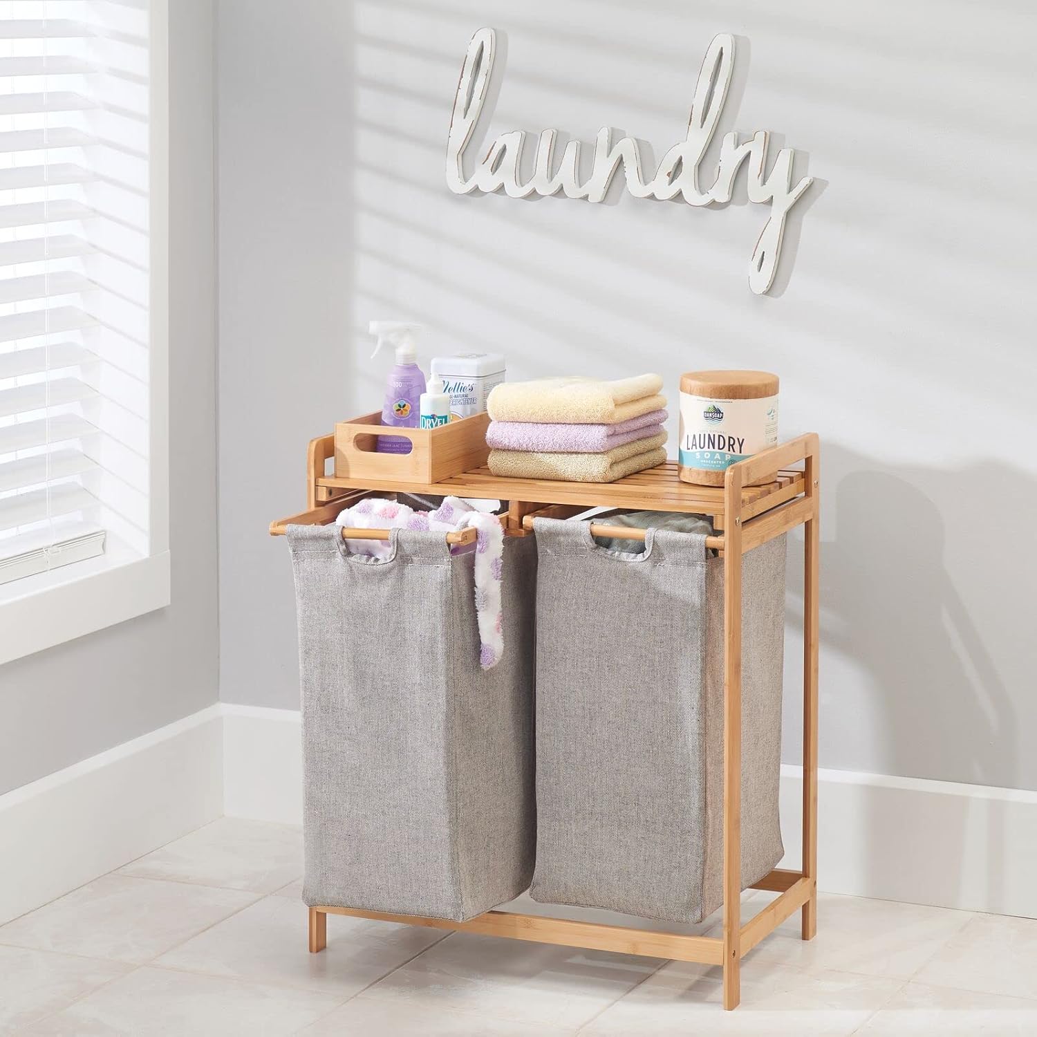 mDesign Freestanding Bamboo 2 Section Double Laundry Organizer Hamper with Removable Storage Sorter Bags, Space-Saving Basket Duo with Handles for Clothes/Linens - Echo Collection - Natural/Tan