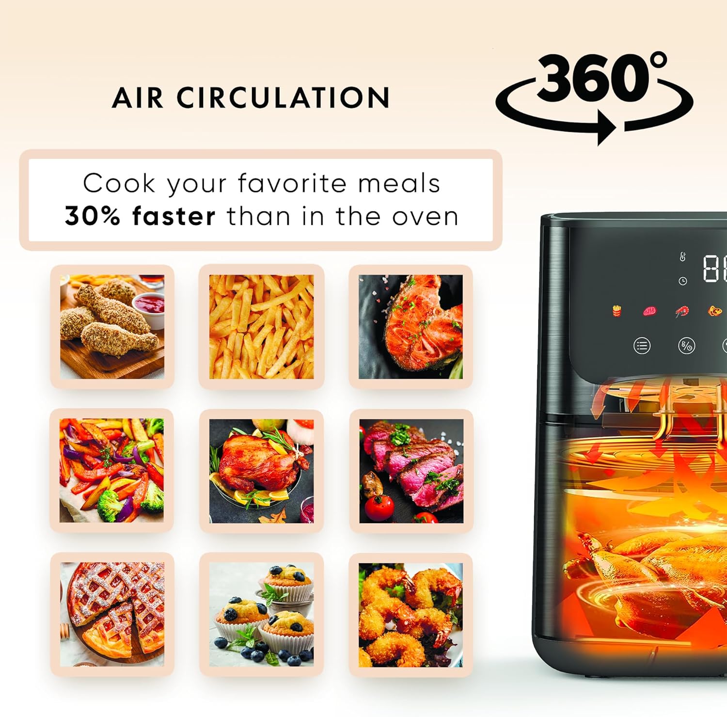 Air Fryer Stainless Steel ROKO 3D with Visible Window - 5Qt Capacity for 3-5 Persons | 18 in 1 - Fry, Bake, Toast, Broil, Reheat without Oil - 1400W, Dishwasher Safe, Luxury Black and Silver