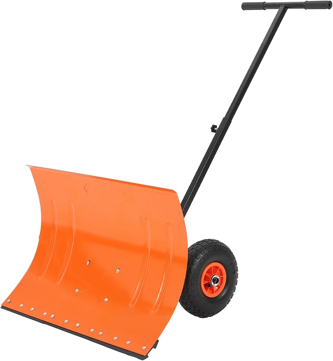 Snow Shovel with Wheels, 5-Position Angled Blade & Rubber Wheels, Heavy-Duty Back Saver Steel Snow Plow for Effortless Snow Removal on Driveways, Sidewalks & Doorways, Single Rod, 30