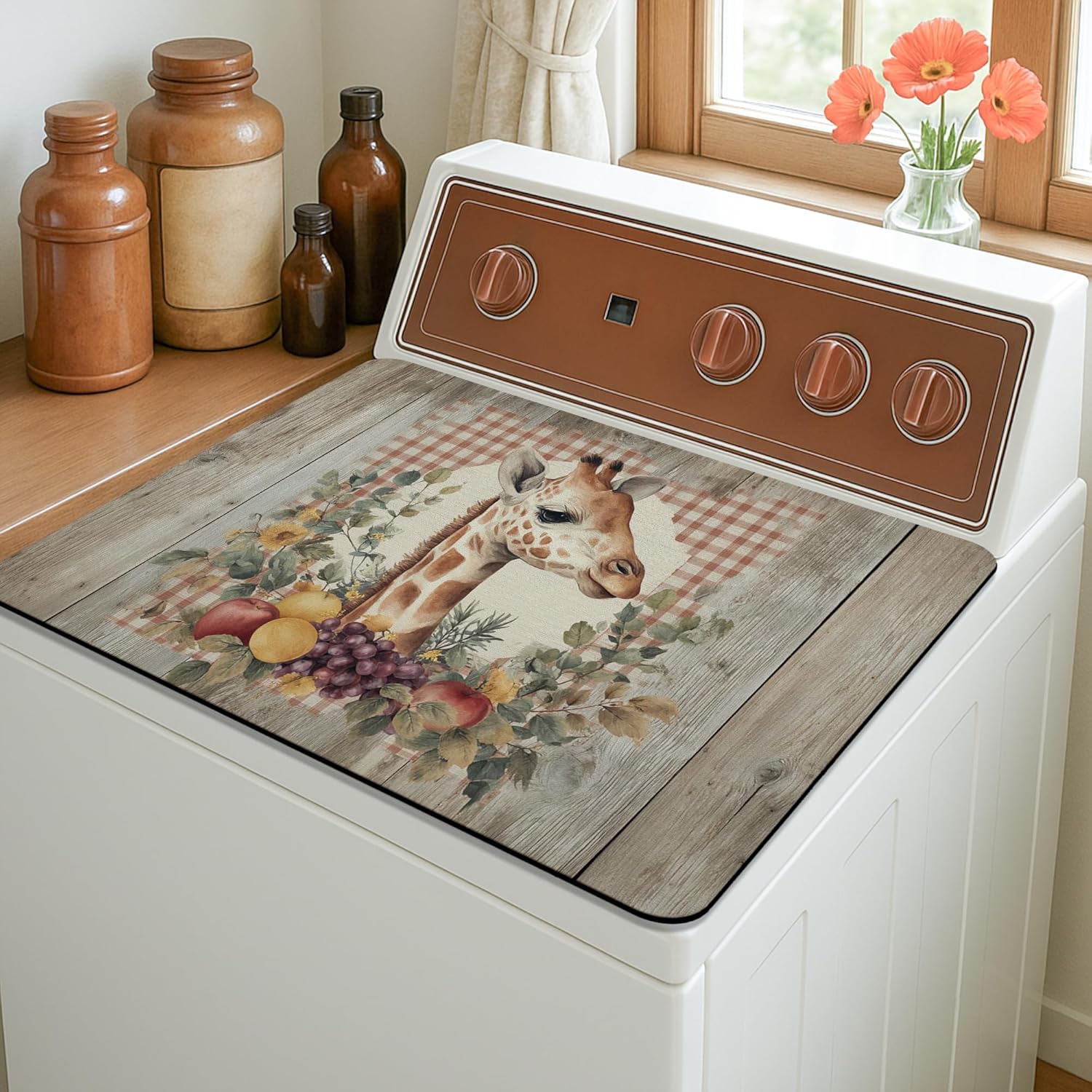 Giraffe Washer Dryer Top Protector Mat, Rustic Vintage Giraffe Floral Laundry Machine Covers, Autumn Decorative Rubber Anti-slip Waterproof Mats for Laundry Room 20x24 Inch