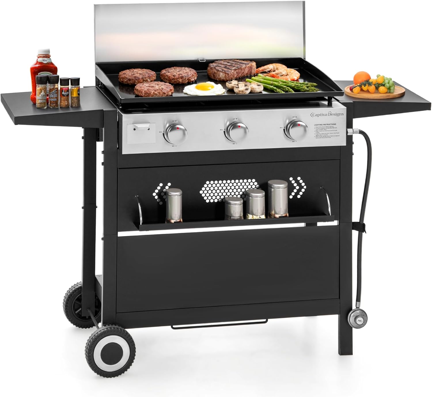 MFSTUDIO 27 Inch Flat Top Propane Gas Griddle Grill, Ceramic Coated Cast Iron Pan, Outdoor Flattop Grill with Lid for Cooking