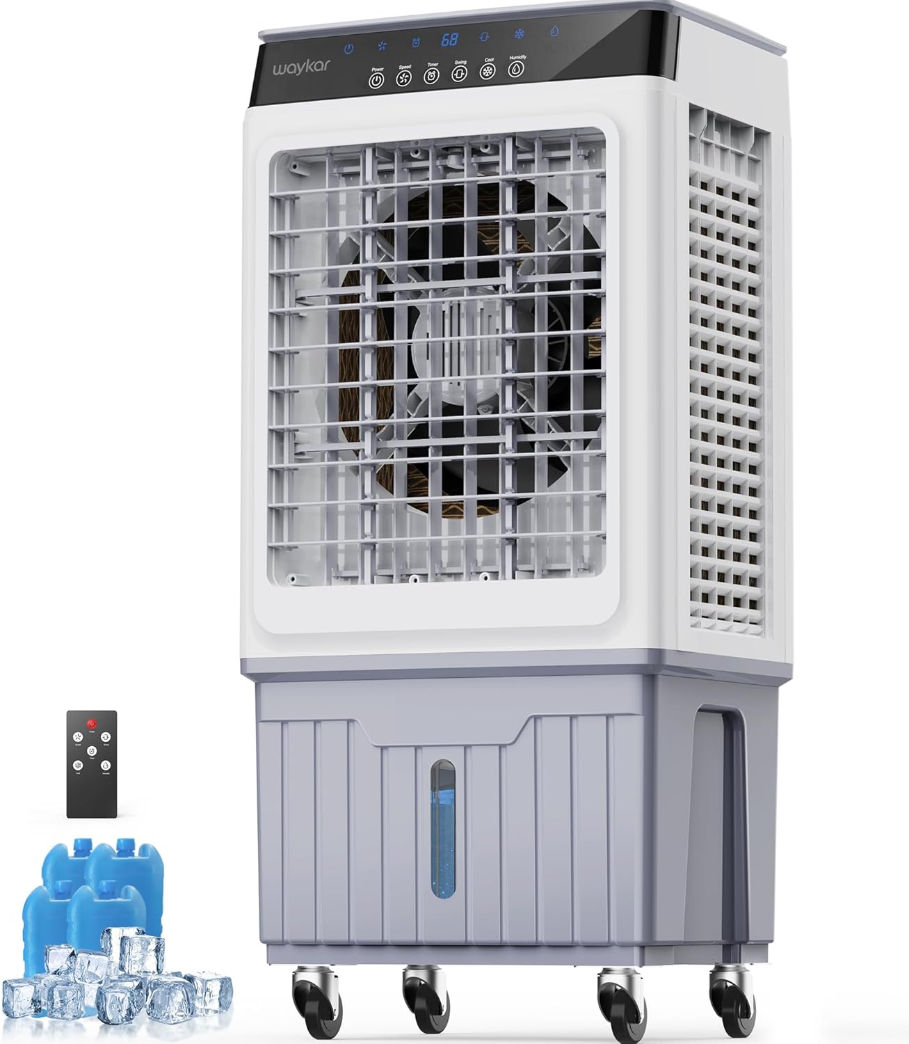 Waykar Swamp Cooler, 4800 CFM Evaporative Air Cooler with 8 Gals Water Tank, 1200 Sq.Ft. Portable Air Conditioner with 4 Ice Pack, 120°/60°Oscillation, 3 Models for Garage, Yard