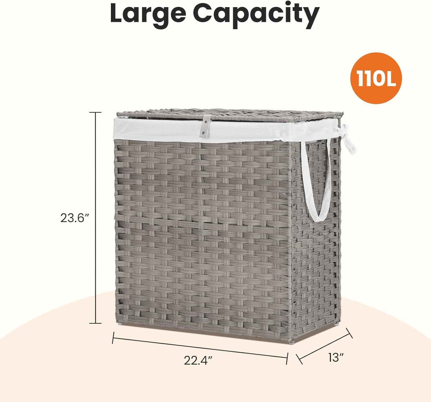 Laundry Basket with Lid, 110 L Large Capacity Hamper, Rattan Laundry Basket with Compartments & Handles, Foldable, Removable Liner, Dove Gray