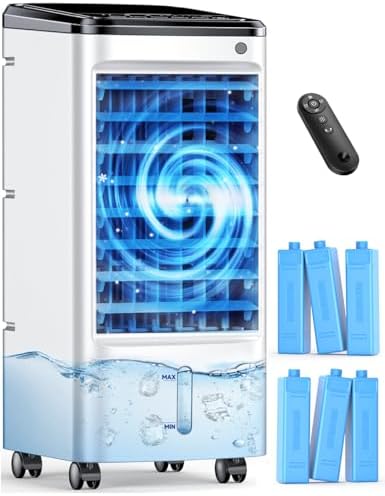 FANCOLE Windowless Portable Air Conditioners with 6 Ice Packs, 12H Smart Timer for Auto-off, 26Ft Remote, Top Fill Dual Tank, 3Speeds Evaporative Air Cooler, 70°Auto Swing Swamp Cooler Air Conditioner