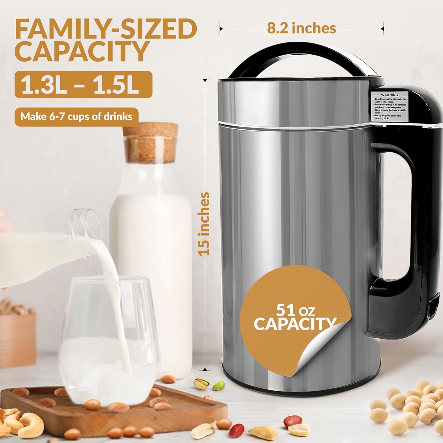 Crayton Nut Milk Maker Machine with Built-in Strainer, 51oz/ 1.5L Stainless Steel Almond Milk Maker for Soy, Almond, Oat, Cashew Nut Milks & More, 7-in-1 Multi-Functional, 6-7 Cups Per Batch, 120V