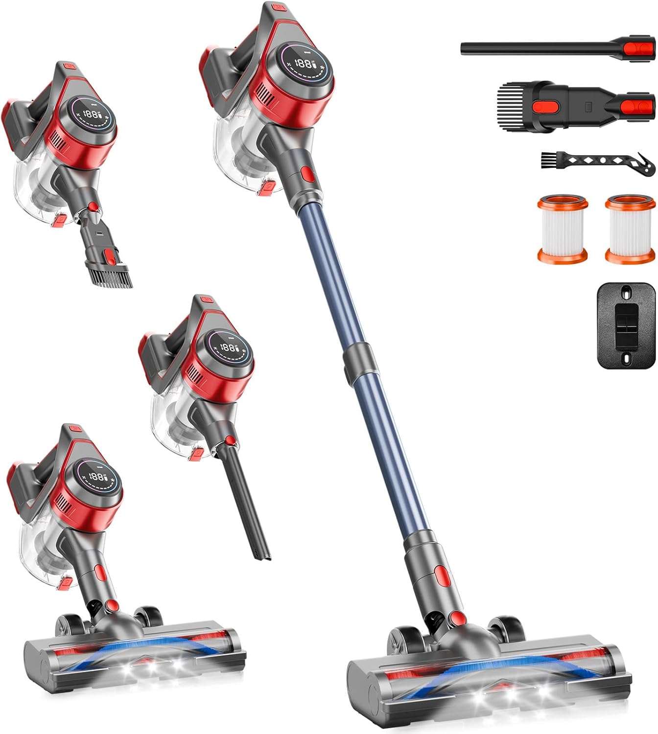 Cordless Stick Vacuum Cleaner - Rechargeable, 35Kpa Powerful Vacuums with Detachable Battery, LED Display, 45Mins Runtime, 8 in 1 Handheld Vacuum for Hardfloor & Carpets Pet Hair, Red