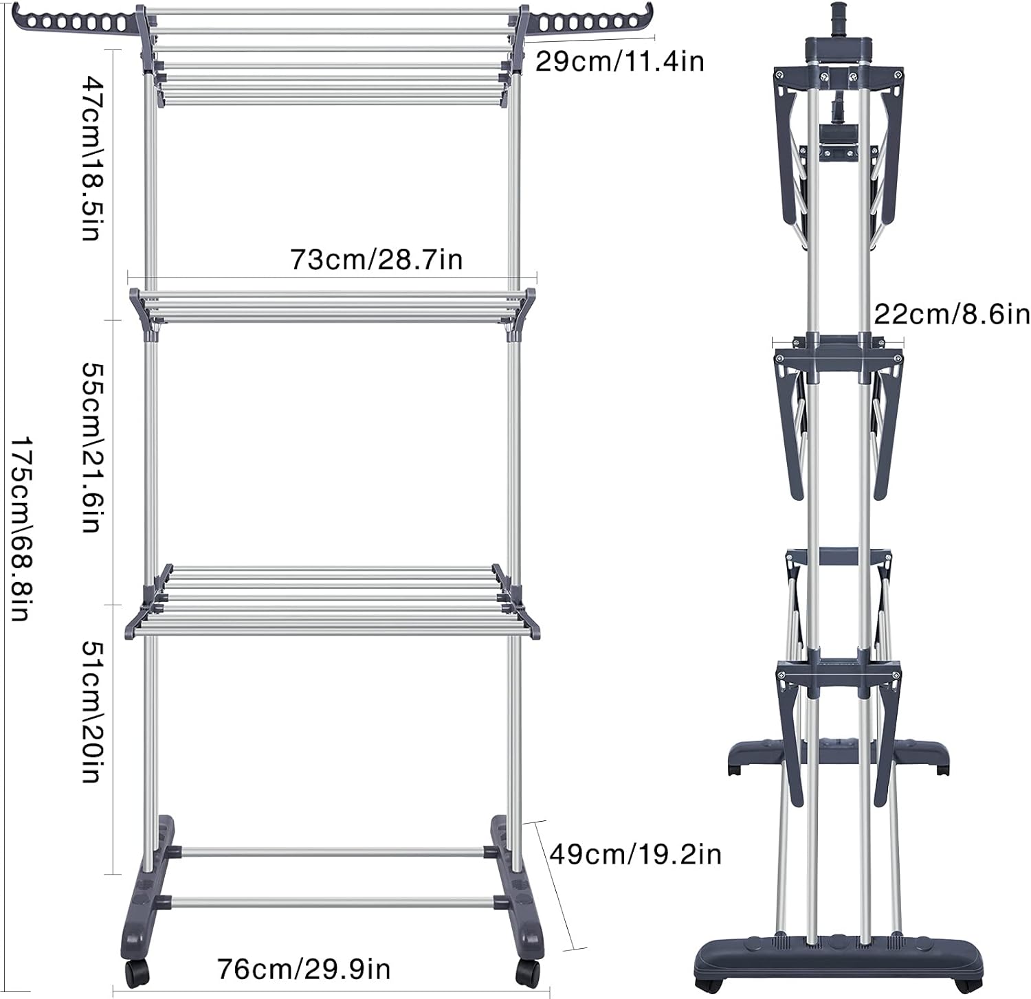 Clothes Drying Rack, Large 3-Tier Rolling Folding Dryer Hanger Storage Collapsible Garment Rack Standing Rack with Foldable Wings and Casters for Indoor Outdoor