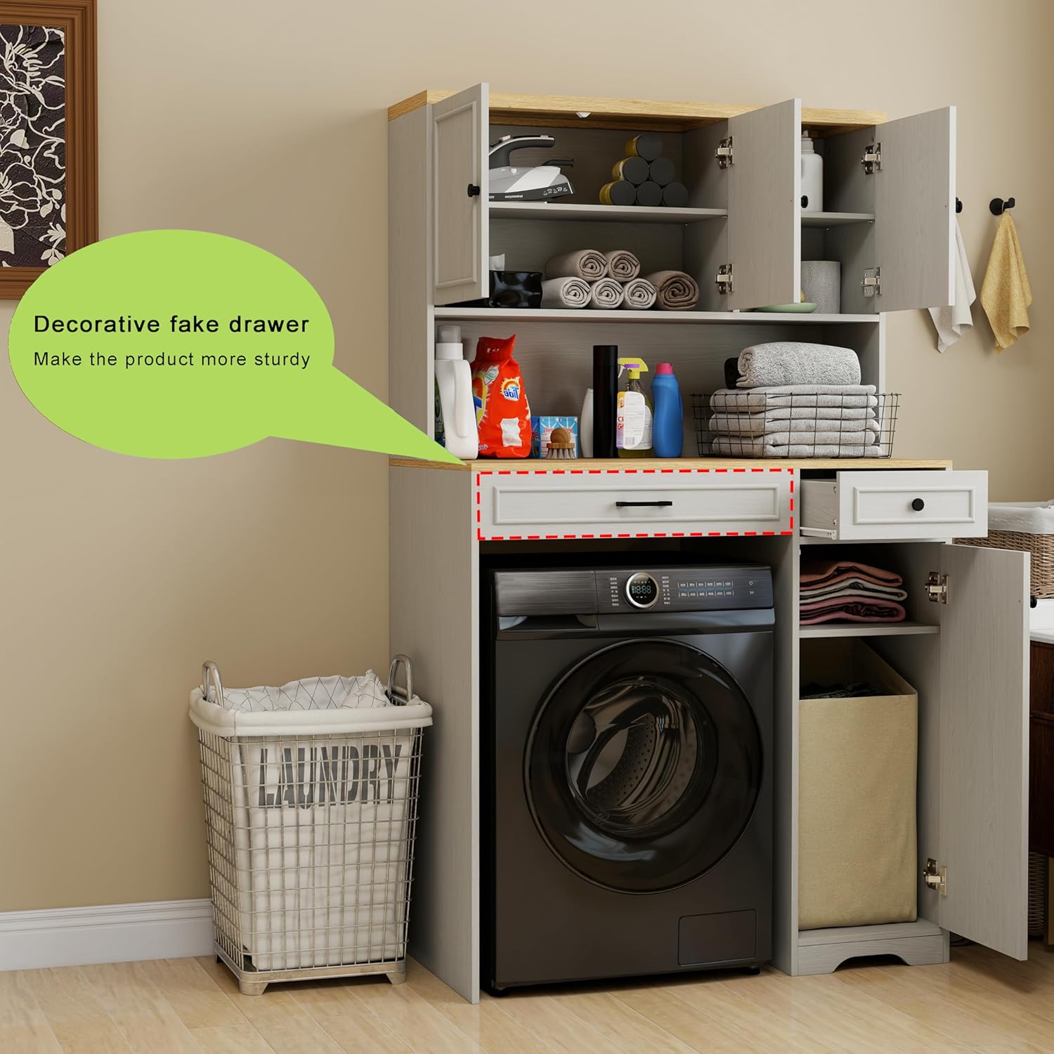 Antique White Over Washer & Dryer Storage Cabinet - Compact Laundry Organizer with 1 Basket, 4 Doors, 1 Drawer & 2 Adjustable Shelves - Sturdy & Safe Design