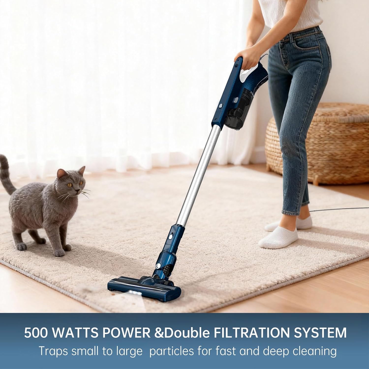 Corded Stick Vacuum Cleaner for Home Pet Hair, 600W 16.7Ft Cable Ultra-Lightweight Vacuum Cleaner with Powerful Suction for Carpet Tile and Hard Floor Handheld Vac(VA002)