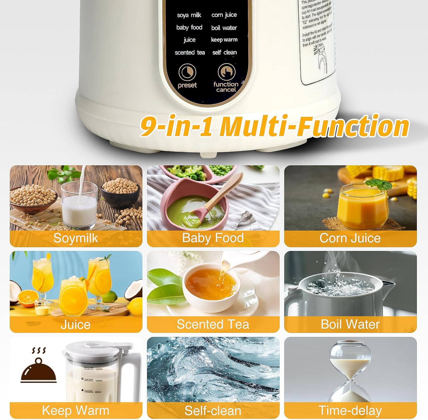 9 in 1 Nut Milk Maker Machine，40oz(1200ml) Automatic Soy Milk Maker Blender for Homemade Oat,Coconut,Plant-Based Milk and Non-Dairy Beverages with Delay Start/Keep Warm/Boil Water