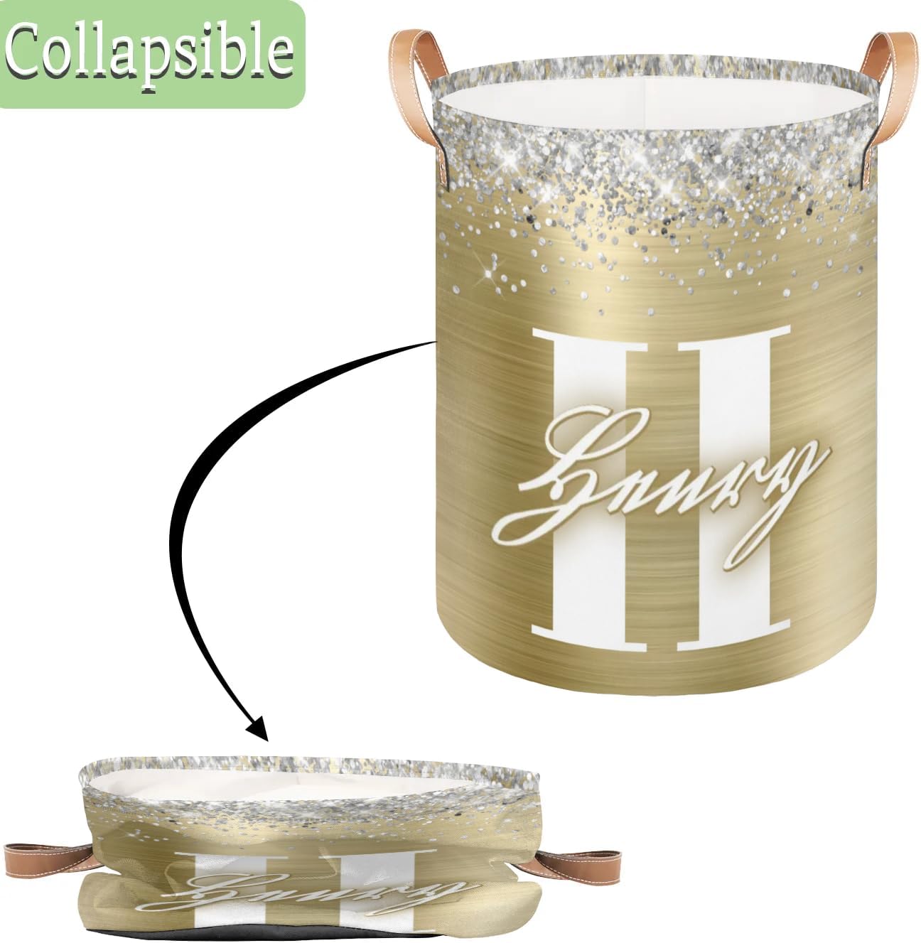 Custom Letter Collapsible Laundry Basket for Dirty Clothes, Large Laundry Hamper with Leather Handle Lightweight Gold Foil