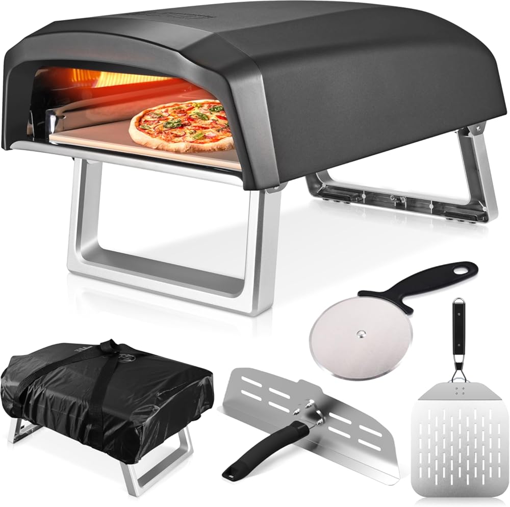 Commercial Chef Outdoor Gas Pizza Oven – Portable Propane Pizza Maker with Door, Peel, Stone, Cutter, and Cover - L-Shaped Burner, Foldable Legs, Updated Model
