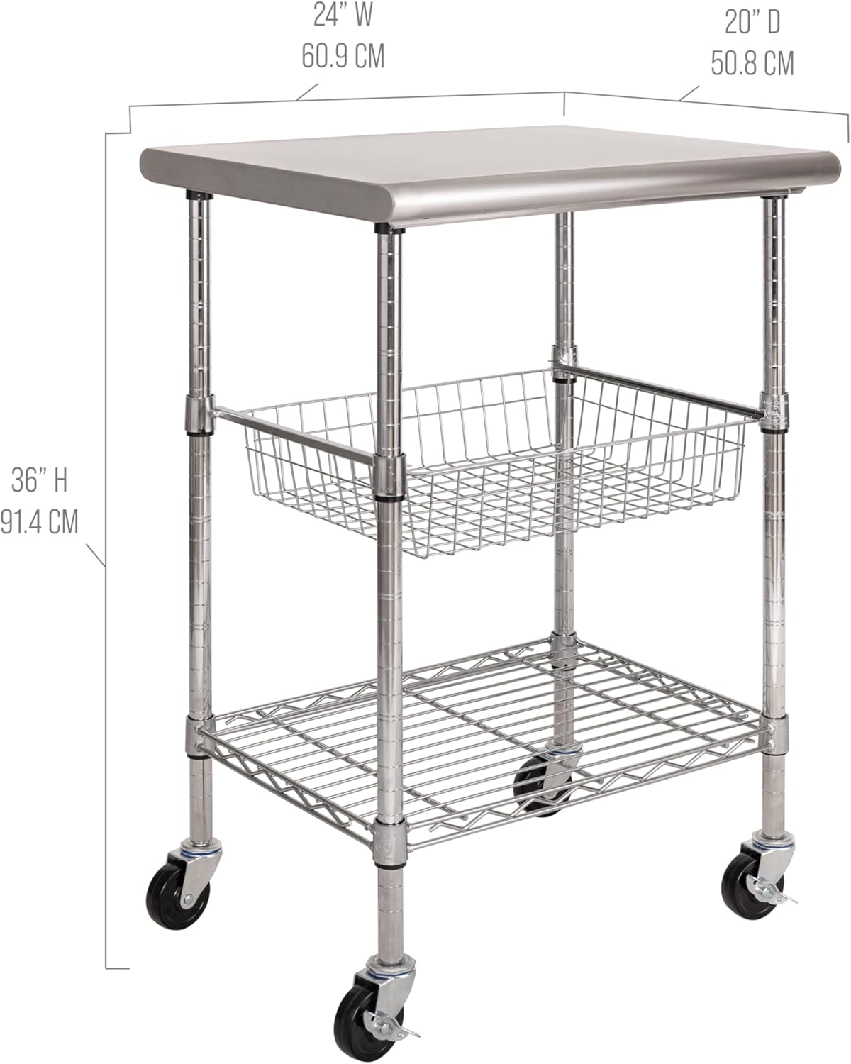 Seville Classics Commercial Work Table Island Utility Cart Prep Station, for Restaurant, Kitchen, Warehouse, Garage, Hotel, Home, Stainless-Steel Top NSF , 24
